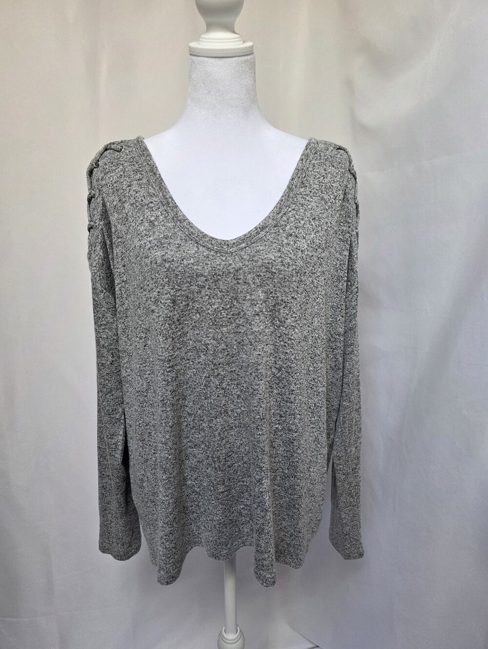 Express Gray Lace Up Shoulder V Neck Sweater Long Sleeve Women's M